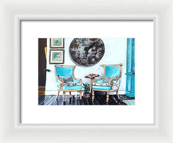 Two teal empty chairs - Framed Print