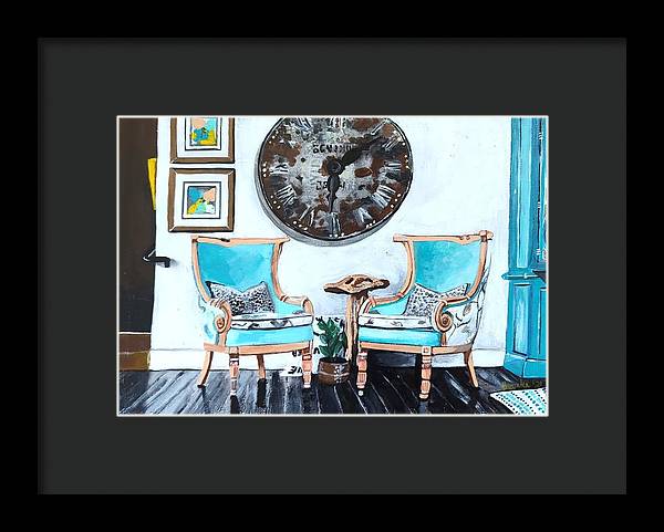 Two teal empty chairs - Framed Print