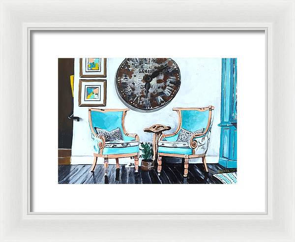 Two teal empty chairs - Framed Print