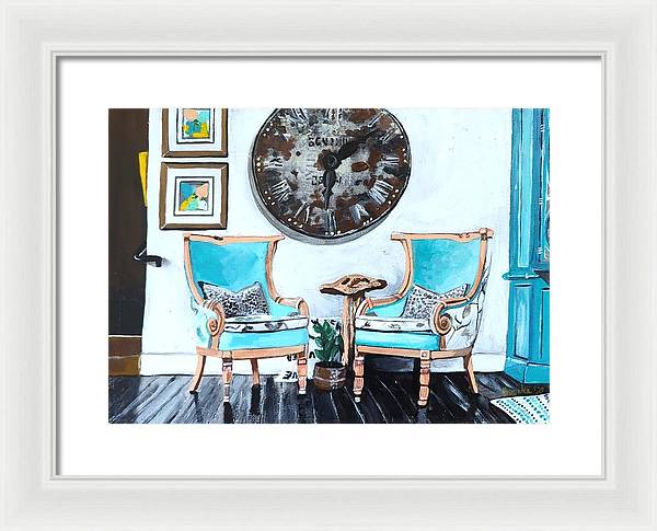 Two teal empty chairs - Framed Print