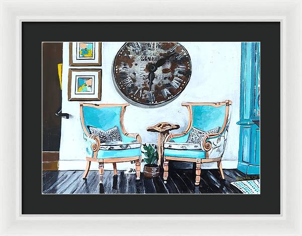 Two teal empty chairs - Framed Print