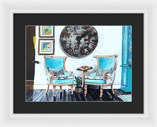 Two teal empty chairs - Framed Print