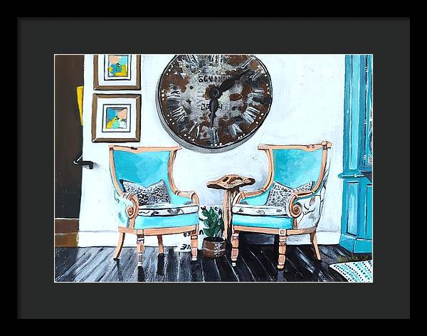 Two teal empty chairs - Framed Print