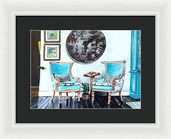 Two teal empty chairs - Framed Print