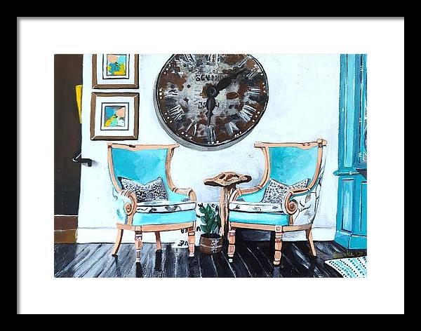 Two teal empty chairs - Framed Print