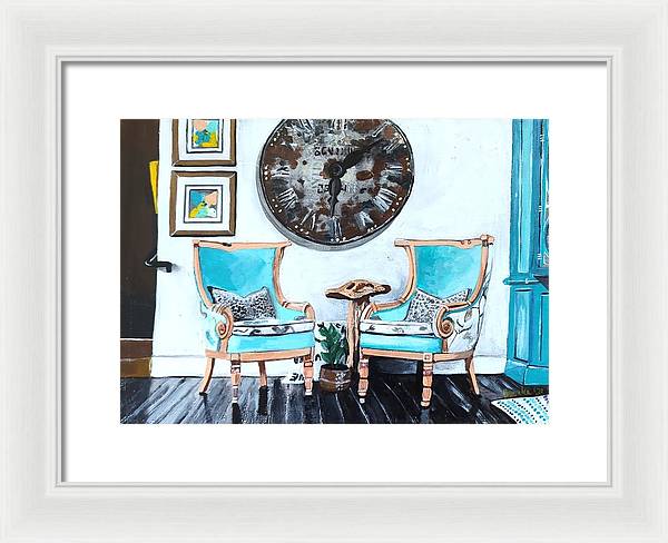 Two teal empty chairs - Framed Print