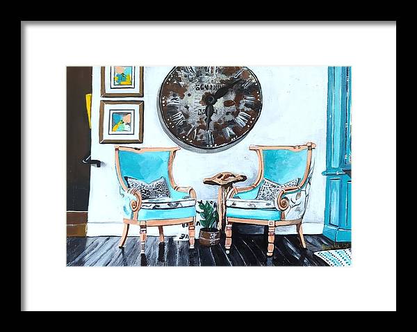 Two teal empty chairs - Framed Print