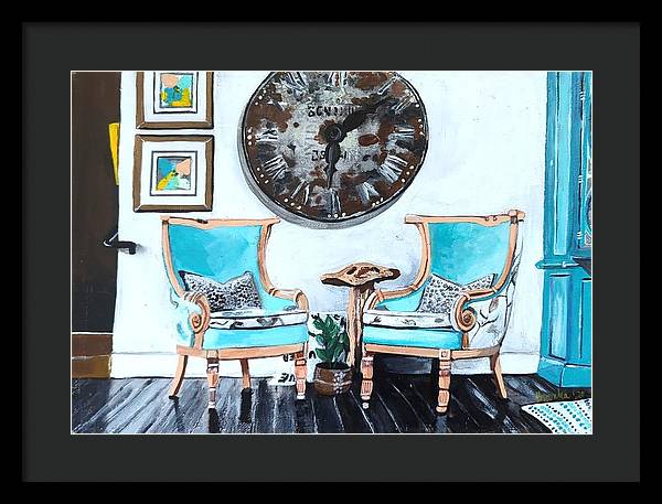 Two teal empty chairs - Framed Print