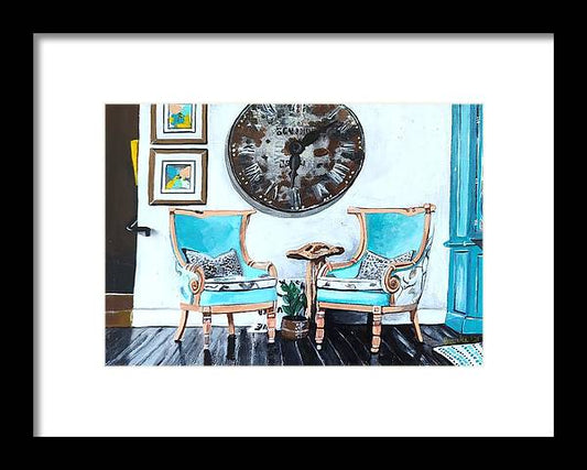 Two teal empty chairs - Framed Print