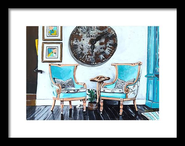 Two teal empty chairs - Framed Print