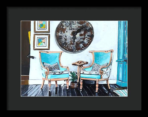 Two teal empty chairs - Framed Print