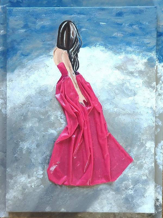 Woman on beach dimensional pink - Art Print